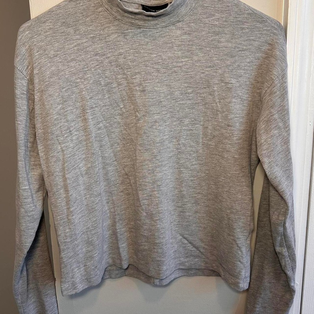 Adrienne Vittadini Mock Neck Top Womens XS Grey Cotton Blend Long Sleeve Knit